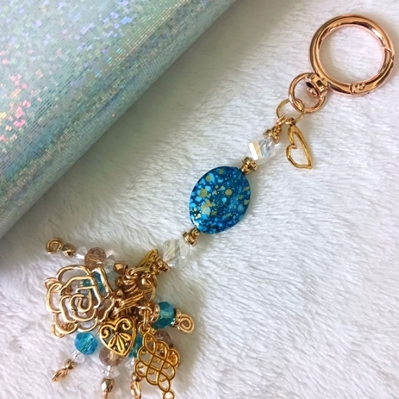 Artisan Handcrafted Handmade Gold Turquoise Charm Purse Jewelry Handbag Keychain - Picture 5 of 16